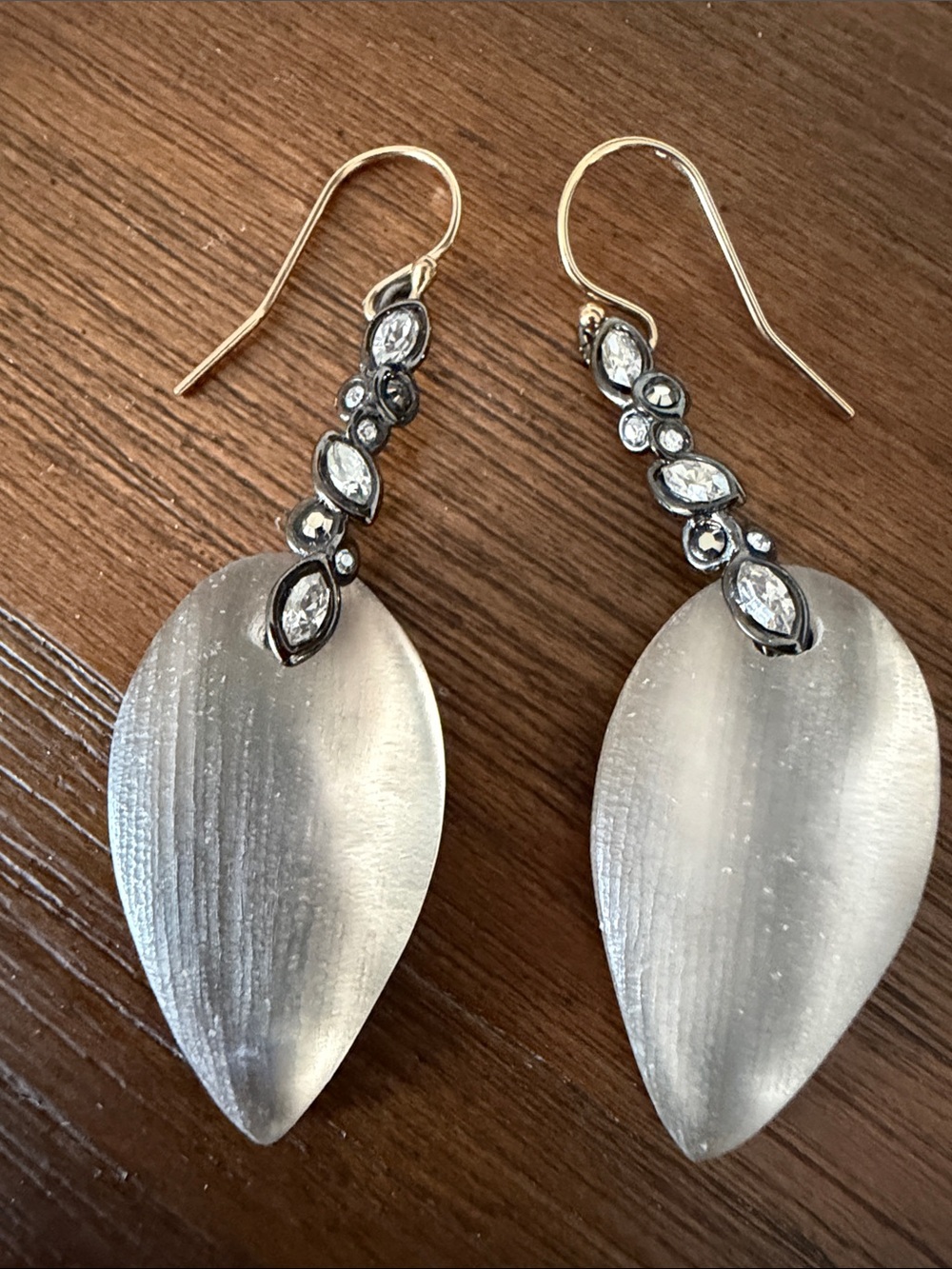 Alexis Bittar Crystal-Dust Warm Grey /Tan Tone Lucite Leaflet Drop Earrings